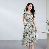 Womens Silk Shirt Midi Dress Abstract Print Waist Tie Silk Dress